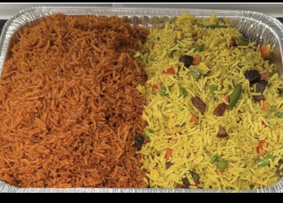 Tray of jollof and fried rice